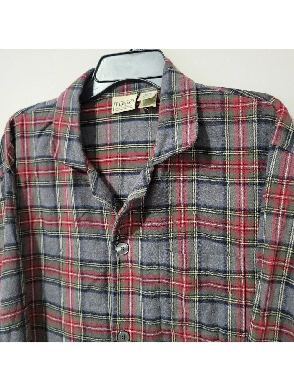 Vintage L.L.Bean Pajama Shirt Mens L Red Gray Plaid Flannel Cotton Sleepwear
